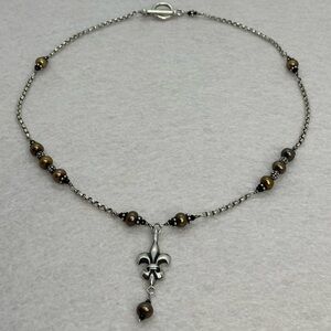 Vtg 925 Sterling Silver Fleur-de-Lis Necklace w Brown Freshwater Pearls | 17”